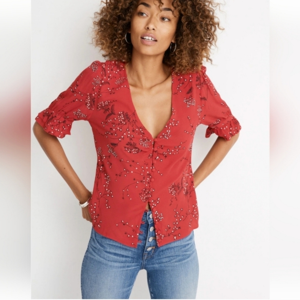 Madewell Floral Red Button-Up Top